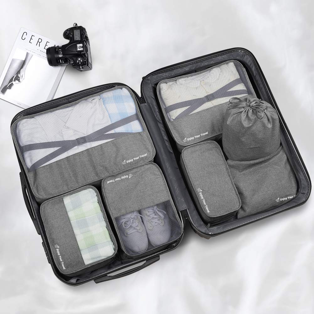 7 Set Packing Cubes Travel Luggage Organizers with Laundry Bags Compression Pouches Clothes Suitcase 