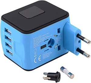 International Travel Adapter Universal Power Adapter Worldwide All In One 4 USB Perfect For European US, EU, UK, AU 160 Countries (Blue) - Hortense Travel