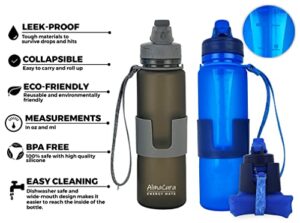 AlmaCura 2 Pack Collapsible Silicone Foldable Medical Grade BPA-Free Steady Water Bottles 22 Oz Travel, Portable, Cycling, Hiking, Sports, Gym, Camping, Durable, Leak Proof Twist Cap (1 Gray + 1 Blue) - Hortense Travel