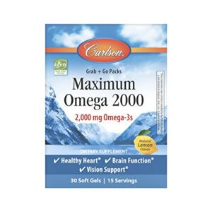 Carlson - Maximum Omega 2000 Grab + Go Packs, 2000 Mg Omega-3s, Wild-Caught, Norwegian Fish Oil Supplement, Sustainably Sourced Fish Oil Capsules, Lemon, 30 Softgel Pack - Hortense Travel