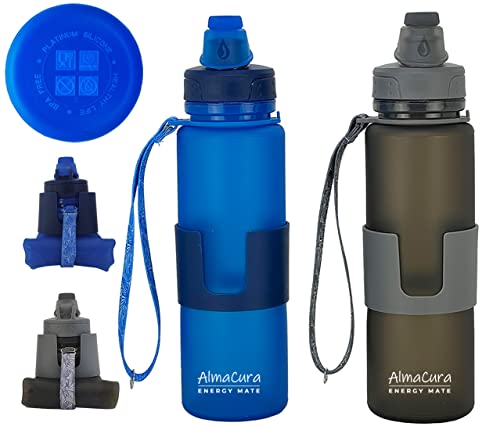 AlmaCura 2 Pack Collapsible Silicone Foldable Medical Grade BPA-Free Steady Water  Bottles 22 Oz Travel, Portable, Cycling, Hiking, Sports, Gym, Camping,  Durable, Leak Proof Twist Cap (1 Gray + 1 Blue) - Hortense Travel