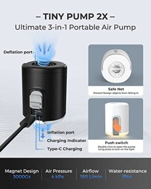FLEXTAILGEAR Portable Air Pump With Camping Lantern Tiny Pump 2X 4kPa Air Pump For Inflatables Rechargeable Air Mattress Pump With Magnetic Design For Sleeping Pads, Pool Floats, Swimming Rings(OG) - Hortense Travel