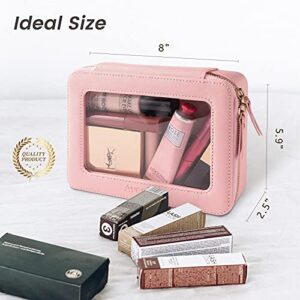 Aveniee Clear Makeup Bag Organizer, Portable Travel Toiletry Cosmetic Bag Case For Women, Heavy Duty Make Up Pouch With Transparent Vinyl Windows & Gold Zippers(Pink) - Hortense Travel