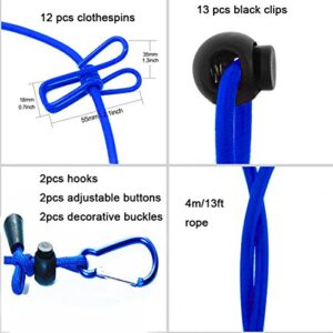 Travel Clothesline,4m/13ft Portable Retractable Adjustable Clothes Line Rope With 1 Waterproof Bag, 12 Clothespins, 13 Anti-Skid Clips For Outdoor And Indoor(Blue) - Hortense Travel