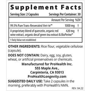 ProHealth 1,000 Mg Trans-Resveratrol. 99.5% Pure, 15X Better Absorption From 420mg Polyphenol Complex (Quercetin, Red Wine & Green Tea, BioPerine) (1000mg Per 2-Capsule Serving) (60 Capsules) 3 Pack - Hortense Travel