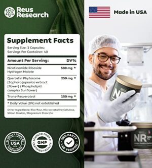 NMN Alternative - NAD+ Supplement Nicotinamide Riboside W/Resveratrol & Quercetin - High Purity Energy Supplement For Memory, Focus, Immune Support By Reus Research - 80 Capsules - Hortense Travel