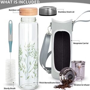 Justfwater 32 Oz Glass Water Bottle With Tea Infuser BPA-Free Glass Tea Tumbler With Sleeve & 2 Lids Reusable Travel Mug For Loose Tea, Coffee, Fruit (Slender Leaves) - Hortense Travel