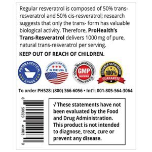 ProHealth 1,000 Mg Trans-Resveratrol. 99.5% Pure, 15X Better Absorption From 420mg Polyphenol Complex (Quercetin, Red Wine & Green Tea, BioPerine) (1000mg Per 2-Capsule Serving) (60 Capsules) 3 Pack - Hortense Travel