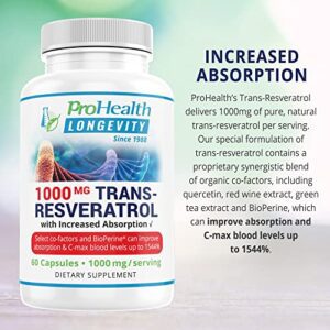 ProHealth 1,000 Mg Trans-Resveratrol. 99.5% Pure, 15X Better Absorption From 420mg Polyphenol Complex (Quercetin, Red Wine & Green Tea, BioPerine) (1000mg Per 2-Capsule Serving) (60 Capsules) 3 Pack - Hortense Travel