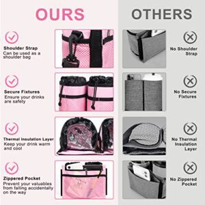 Luggage Cup Holder | BEDSIFV Travel Drink Holder With Shoulder Strap, Thermal Insulation And Zipper Pocket, Perfect Travel Accessories Gifts For Travelers, Flight Attendant (Pink) - Hortense Travel